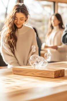 Chef presents clear liquid spheres on wood, showing experimental food presentation and advanced culinary techniques. photo