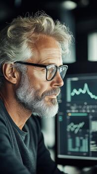 Mature man with glasses analyzing financial market data on computer screen displaying charts and graphs, representing fintech advancements. photo