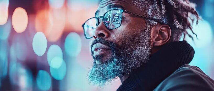 Man with glasses looks up at glowing lights reflecting fintech innovation future photo