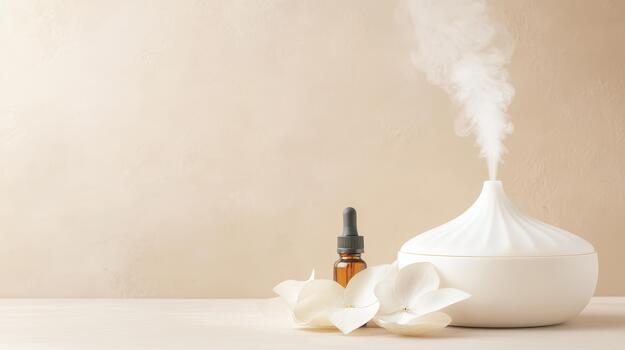 aroma difusor liberando vapor con esencial petróleo y delicado blanco flor pétalos en un sutil texturizado fondo, evocando tranquilidad y calma. foto