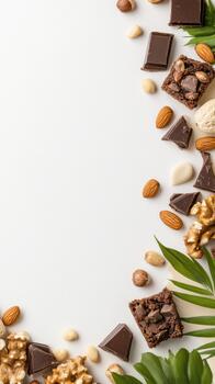 Dark chocolate squares with nuts and low carb dessert pieces arranged near green leaves on a white plain surface creating a border photo