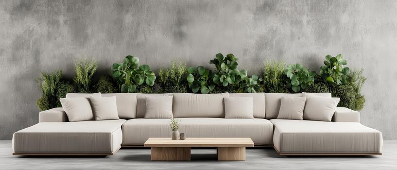 Comfortable sectional sofa and coffee table in front of lush vertical gardens against a textured concrete wall. photo