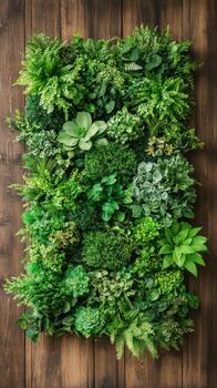 Vertical gardens display lush green foliage against a rustic wooden wall creating a vibrant natural texture photo