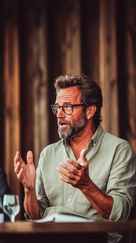 Man in glasses gestures while speaking thoughtfully, reflecting on modern financial technology and innovation. photo