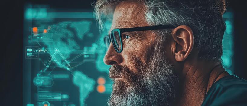 Man with glasses examines global financial data interface, representing fintech innovation and digital currency trends. photo