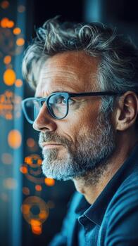 Man wearing glasses looking thoughtfully at glowing digital circuits and data streams, suggesting fintech innovation and financial technology progress. photo