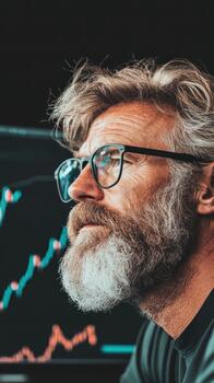 Man wearing glasses studies financial charts on a computer screen showing market trends. photo