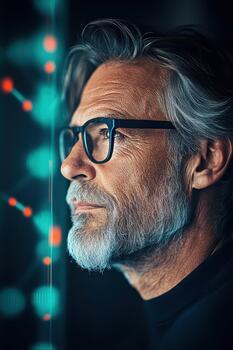 enfocado hombre con lentes contempla brillante digital red, representando fintech innovación y futuro tecnología análisis. foto