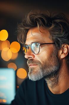 Focused man wearing glasses with bokeh lights in background, deep in thought about financial technology solutions and digital progress. photo