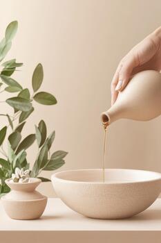 A delicate hand pours golden liquid from a small jug into a textured ceramic bowl, creating a serene spa experience with natural elements. photo