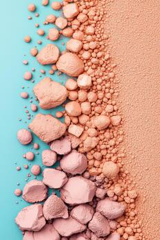 aplastada seco arcilla polvo y áspero terroso trozos arreglado en un brillante cian superficie, exhibiendo variado texturas foto