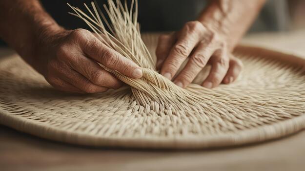 Hands weaving dried grass strands to create a round woven mat on a wooden surface. photo