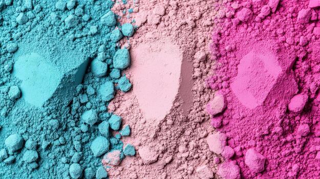 Turquoise and pink powder piled and scattered creating a vibrant abstract texture with small particles and larger mounds. photo