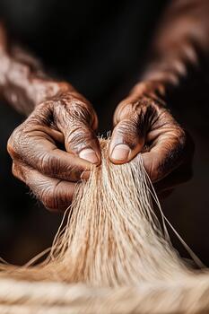 Hands separating fine plant fibers in close up detail against dark background. photo