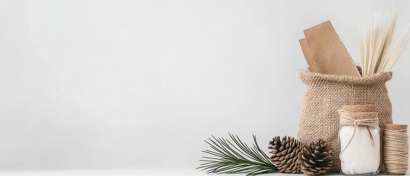 Burlap sack holding grain and paper next to pine cones and jar on white surface with soft light. photo