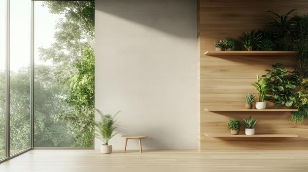 Interior space with large windows displaying lush green trees and potted plants on wooden shelves, minimalist bench. photo