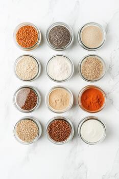 Collection of twelve glass jars filled with various grains and seeds on a white textured surface, arranged in a neat grid pattern. photo