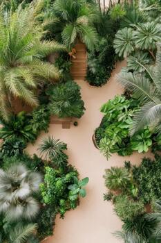 Lush green tropical garden with palm trees and pathways from above. photo