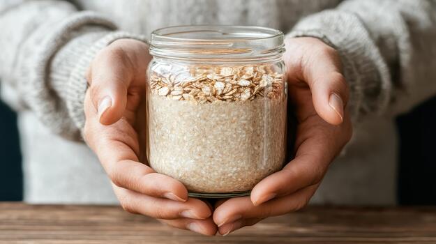 Hands hold glass jar with layered oats and creamy mixture, showing healthy sustainable breakfast photo