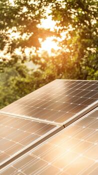 Sunlight on solar panels with green trees and warm light in the background reflecting sustainable energy photo