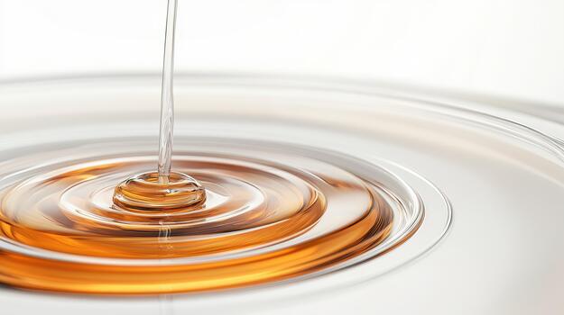 Liquid gold drop creating ripples in clear transparent container, laboratory analysis, fluid dynamics, microscopic detail, biotechnology research. photo