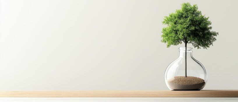 verde árbol creciente en un claro vaso florero con suelo, representando vida y crecimiento en biotecnología investigación y desarrollo. foto