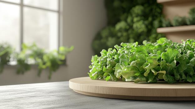 Fresh green leafy vegetables arranged on a wooden circle with blurred plants in the background. photo