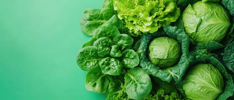 Fresh green leafy vegetables arranged on a plain light green background. photo