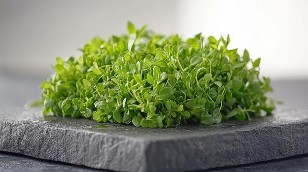 Vibrant green microgreens heap on rustic slate. Fresh tiny leaves symbolizing modern urban agriculture and vertical farm cultivation. photo