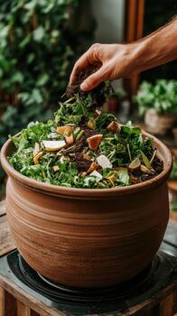 Hand adding soil to composting greens and scraps in a large brown pot, outdoor garden setting, natural growth process. photo