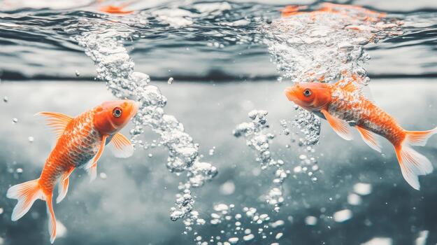 Two orange fish swim through bubbling clear water, side by side. photo