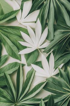 Green leaves and white leaves arranged closely together, filling the frame with natural patterns and organic shapes. photo