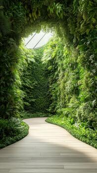 curva ruta mediante denso verde follaje paredes líder hacia natural ligero gastos generales foto