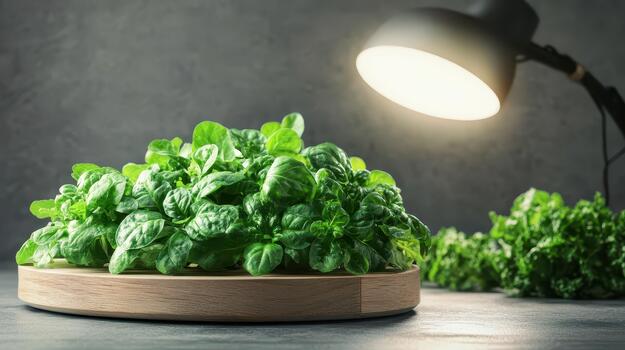 Fresh green leafy vegetables growing indoors under a bright artificial light source, showcasing urban farming potential. photo