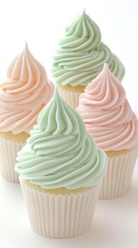 Four pastel cupcakes with swirled frosting in pink and green shades against a plain white background photo