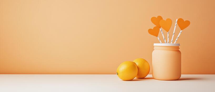 Orange heart shapes on sticks in a jar with two lemons on a white surface against a soft orange background. photo