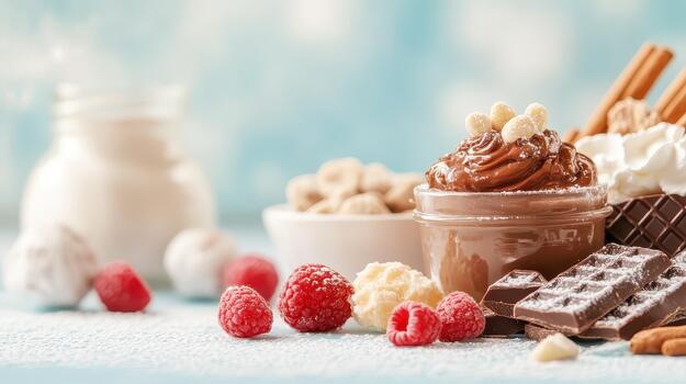 Creamy chocolate spread with raspberries, waffles, and milk on a light blue surface with soft clouds in the background. photo