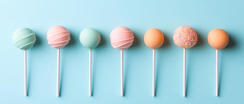 Group of colorful round cake pops with sprinkles arranged in a line on white sticks against a bright blue background. photo