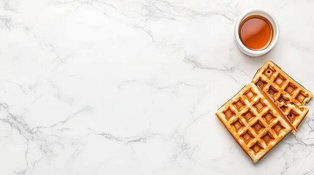 Golden waffles with syrup on a bright marble surface for a sweet breakfast. photo