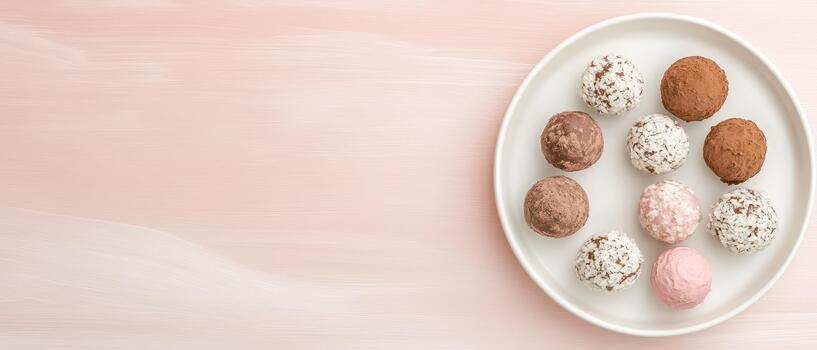 Assortment of sweet cocoa balls and fruit bites on a simple white dish, arranged on a soft pink textured surface. photo