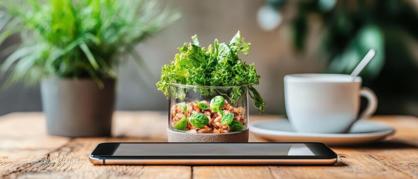Healthy desk items with a hot beverage and mobile device. Great for sharing engaging digital trends and viral content marketing. photo