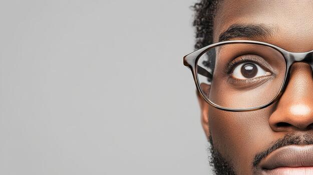 Man's surprised wide eye through dark framed glasses. He gazes with intense interest and sudden shock against a plain studio setting. photo