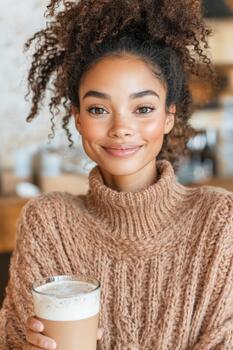 Joyful smiling woman with natural curly hair in a cozy sweater holds a warm latte, offering authentic, relatable, engaging content. photo