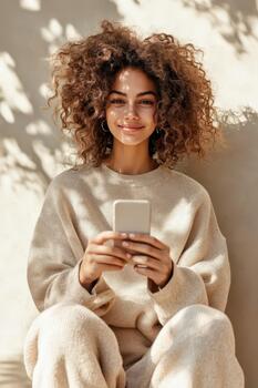Smiling young person with abundant curly hair holds a modern communication gadget. Natural sunlight casts intricate shadow patterns across a simple background. photo