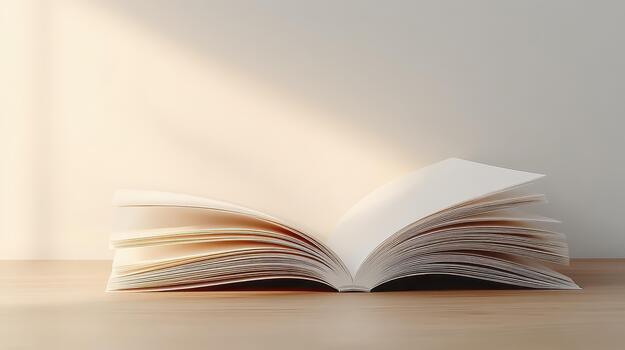 Open book pages fluttering in warm sunlight on a wooden surface, concept for marketing memes photo