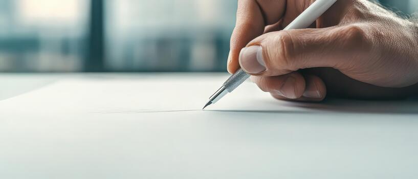 Hand holding pen writing on white paper close up on surface with blurred background. photo