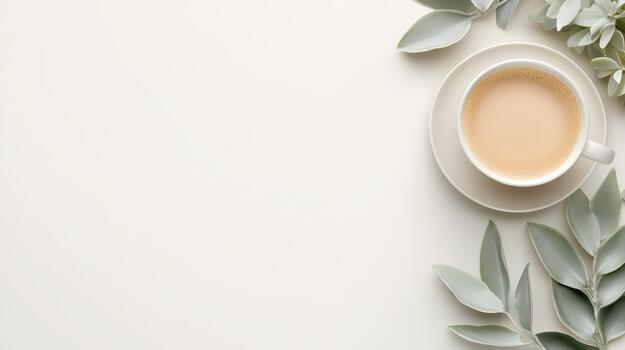 A cup of creamy beverage with a light brown foam sits on a white saucer, surrounded by muted green leaves on a plain light background. photo