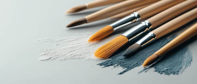Collection of wooden handled brushes creating streaks of white and grey pigment on a neutral surface. photo