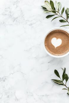 calentar bebida con corazón espuma en jaspeado superficie con verde hojas foto