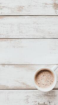 blanco taza de calentar café con espuma sentado en resistido blanco de madera mesa superficie. foto